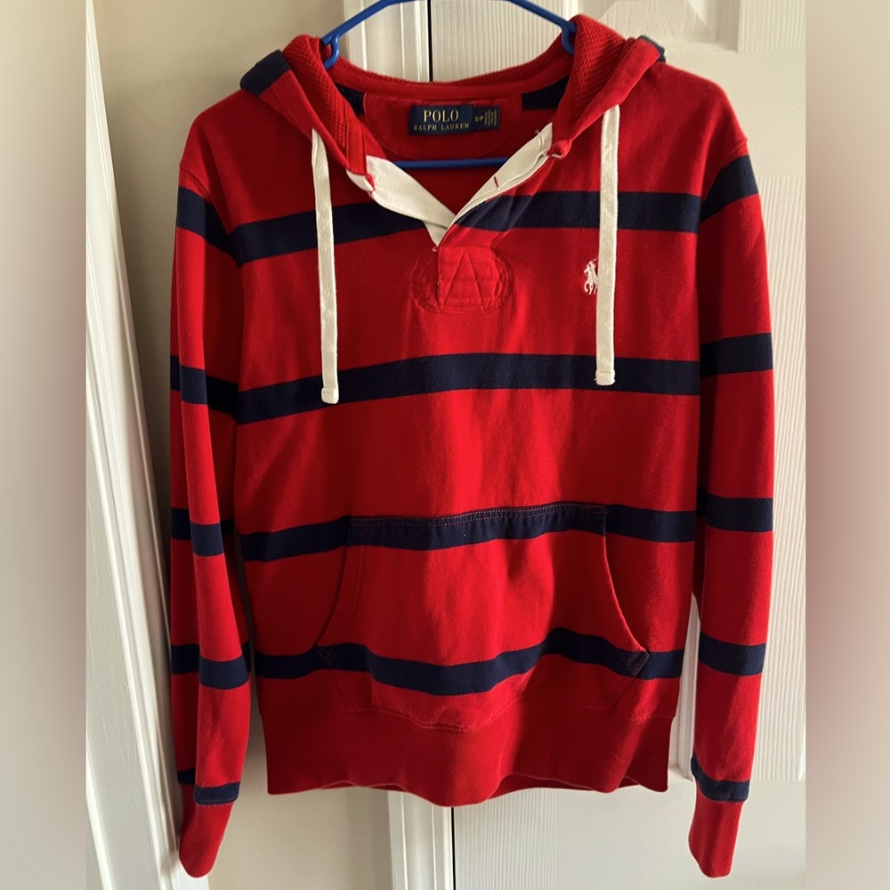Ralph Lauren Polo Vintage Hoodie Rugby Shirt Thermal Lined S Red Blue S